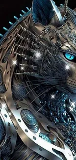 Cybernetic cat with blue eyes, metallic design.