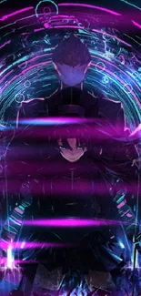 Futuristic cybernetic anime wallpaper with neon lights and digital portal.