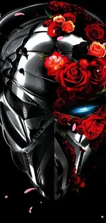 Cybernetic skull with roses on black background, futuristic art.