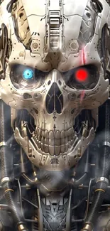 Cybernetic skull with mechanical details and glowing eyes on wallpaper.