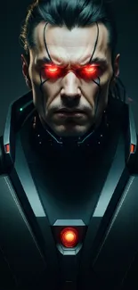 Cybernetic warrior with glowing red eyes in futuristic attire.