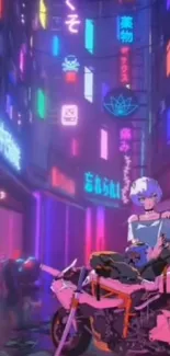 Cyberpunk alley with anime character under neon lights.