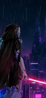 Android warrior in a neon-lit cyberpunk cityscape.