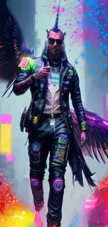 Colorful cyberpunk angel with vibrant wings and urban elements.