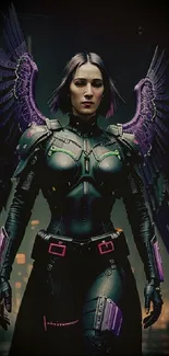 Cyberpunk angel warrior with purple wings in a cityscape.