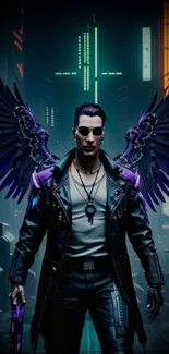 Cyberpunk warrior with wings in neon city.