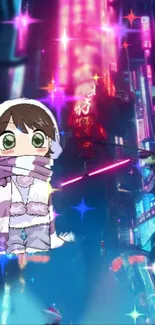 Anime character with vibrant neon city background.