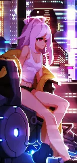 Anime character in cyberpunk city with neon lights.