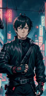 Anime character in a neon-lit cyberpunk cityscape.