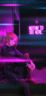 Anime girl in a neon-lit cyberpunk environment with glowing text.