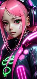 Anime girl with pink hair and neon accents in cyberpunk style.