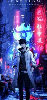 Anime character amidst vibrant neon cityscape at night.