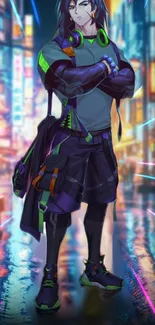 Anime character in cyberpunk neon city scene.