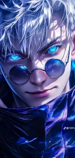 Cyberpunk anime character with vivid blue eyes and stylish glasses.