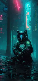 Cyberpunk bear astronaut sitting in a neon-lit futuristic cityscape.