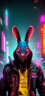 Cyberpunk bunny character in a neon-lit city with vibrant digital art style.