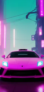 Futuristic car with neon lights in a cyberpunk cityscape.