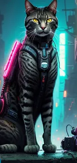 Cyberpunk cat with neon city backdrop in a futuristic setting.