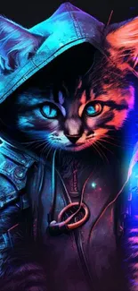 Cyberpunk cat in a hoodie with neon colors and glowing eyes.