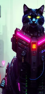 Futuristic cyberpunk cat in neon cityscape wallpaper.