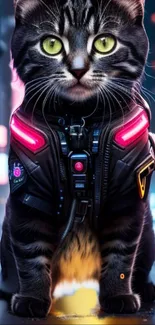 Cyberpunk cat in neon city, wearing a tech suit with vibrant lights.