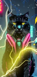 Cyberpunk cat with neon lights and lightning in a futuristic cityscape.