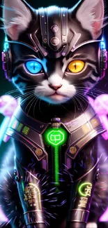 Futuristic cyberpunk cat with neon accents.