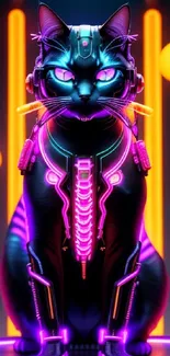 Futuristic cyberpunk cat with neon accents.