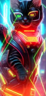 Cyberpunk cat in neon suit with glowing city backdrop.