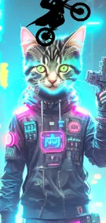 Cyberpunk cat biker with neon lights and city backdrop.