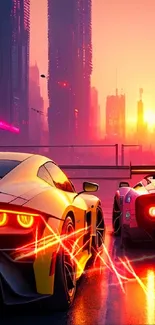 Cyberpunk cityscape with futuristic cars at sunset.