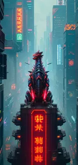 Neon-lit cyberpunk city with dragon atop a skyscraper.