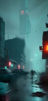 Futuristic cyberpunk cityscape with neon lights and mist.