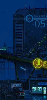 Cyberpunk city at night with neon lights.