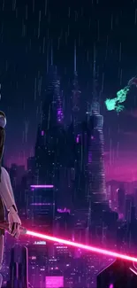 Cyberpunk cityscape with neon lights and a mysterious figure at night.