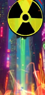 Cyberpunk cityscape with neon lights and a radioactive symbol.