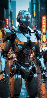 Futuristic robot standing in a neon-lit city street.