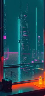 Cyberpunk cityscape with neon lights viewed from a window.