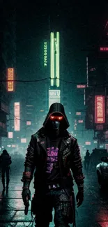 Cyberpunk city street with hooded figure and neon lights.