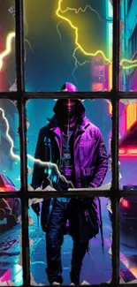 Mysterious figure in neon-lit cyberpunk cityscape with lightning effects.