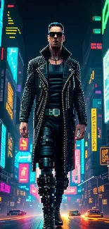 Cyberpunk figure in neon-lit cityscape showcases futuristic urban style.