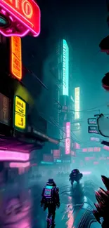 Futuristic cyberpunk street with neon lights.