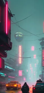 Neon-lit cyberpunk city at night with futuristic architecture and glowing signs.