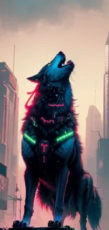 Cyberpunk wolf howling in neon-lit cityscape.