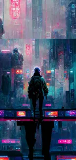 Cyberpunk cityscape with neon lights and futuristic vibe.