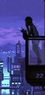 A pixel art cityscape with a cyberpunk vibe at night.