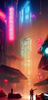 Vibrant cyberpunk cityscape with neon signs glowing at night.