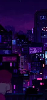 Cyberpunk cityscape with neon signs and skyscrapers at night.