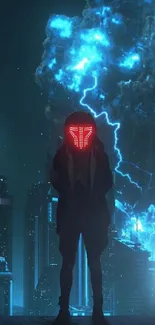 Cyberpunk scene with figure and blue lightning in a futuristic city.