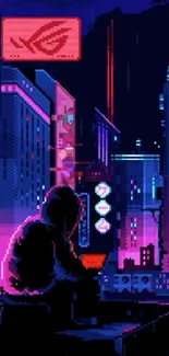 Cyberpunk city at night with neon lights and a hooded figure.